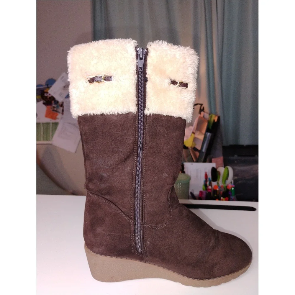 Girls Brown Faux Suede Fur Trimmed Winter Snow Boots Wedge Heel‎ Kids Size